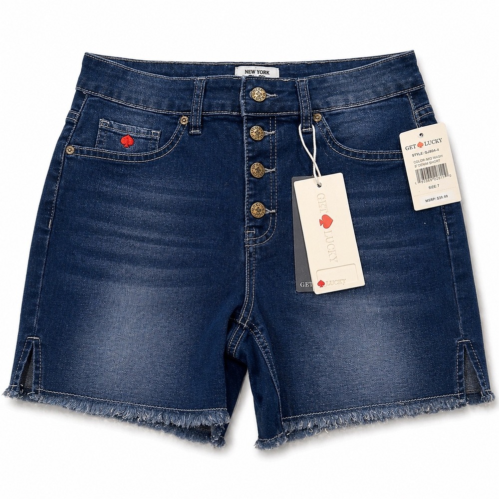 Get Lucky New York Mid Wash 5 Inch Denim Shorts Size 7 Button Fly NEW JORTS